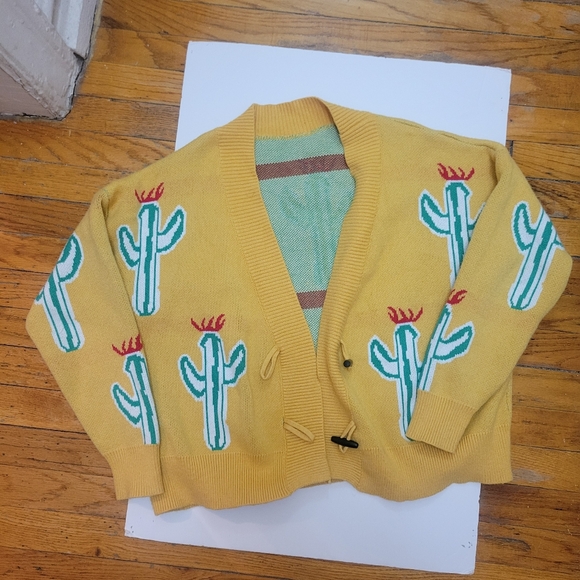 Sweaters - Cactus Cardigan in Bright Yellow & Green. Southwestern Cowboy Grandpa Sweater